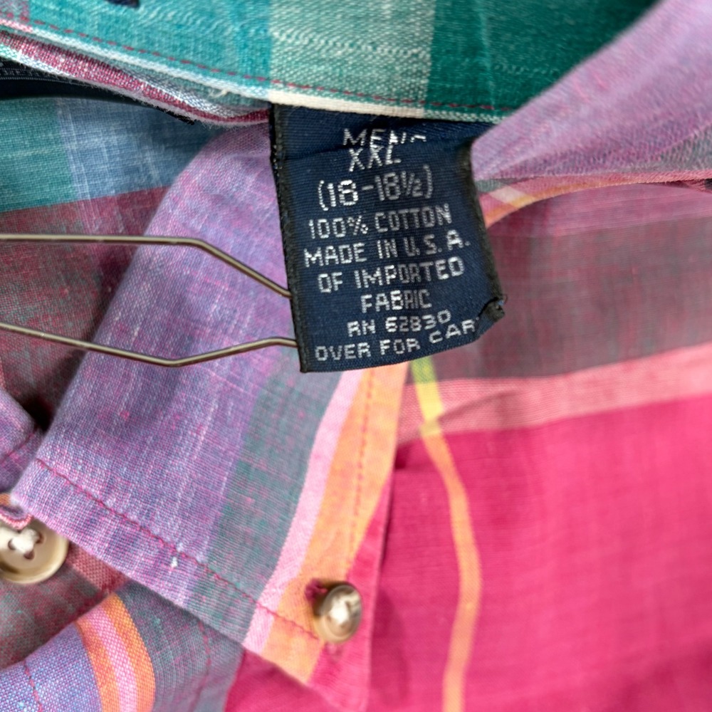 Vintage Lands End Mens XXL Madras Plaid Short Sleeve Button Down Shirt Pink USA - Picture 4 of 7